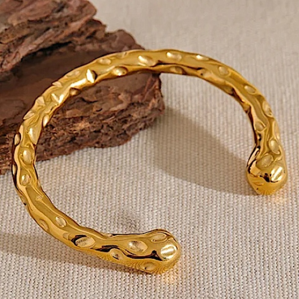 Stainless Steel Irregular Contour Bracelet Bangle Cuff Hammered Gold Plated - Picture 3 of 13